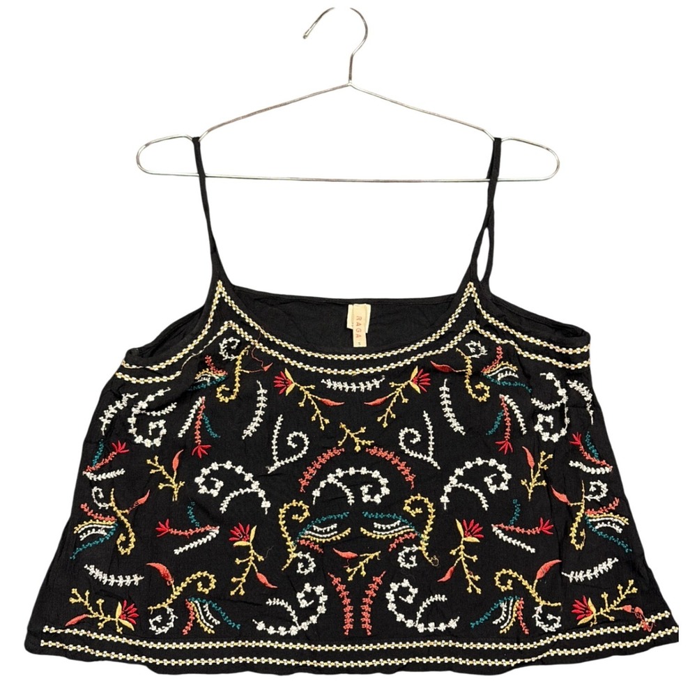 Raga Cami Top Womens Small Black Embroidered Floral Tank Boho Festival R2709